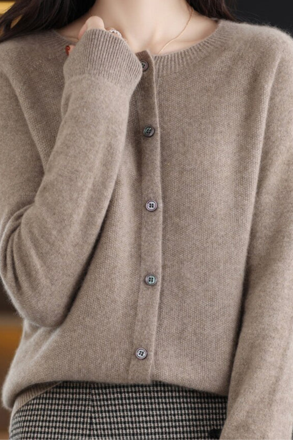 Women’s V-neck button cardigan in taupe/beige, long sleeves, front button placket.