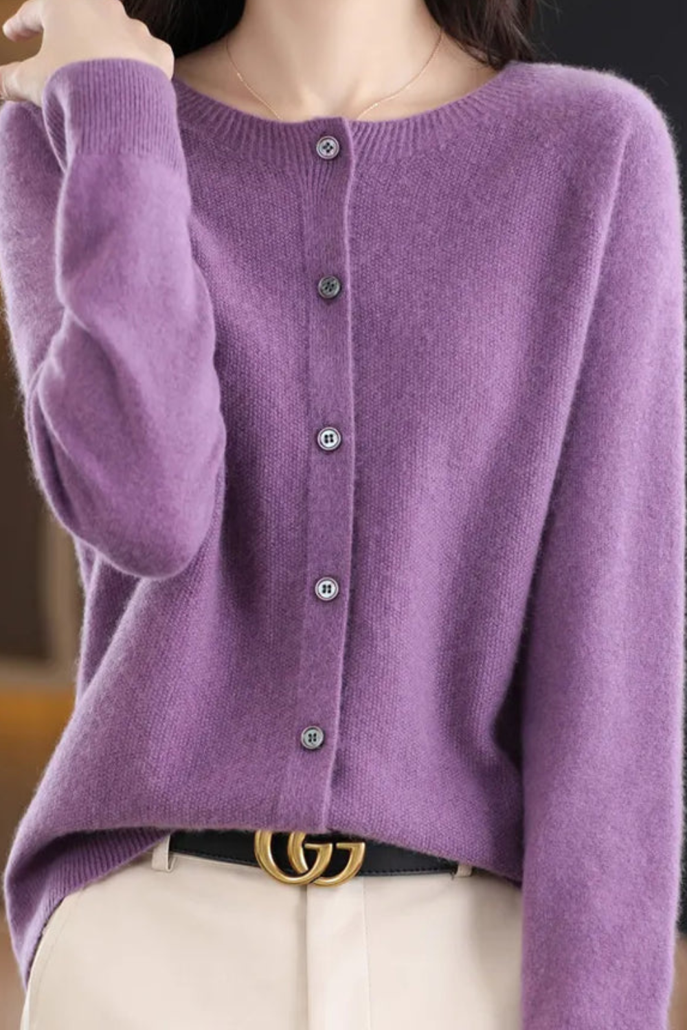 Women’s V-neck button cardigan in lilac/purple, long sleeves, button front.