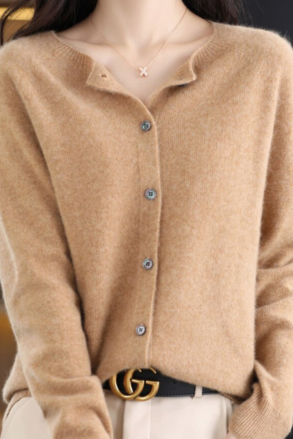 Women’s V-neck button cardigan in camel tan, long sleeves, button front detail.
