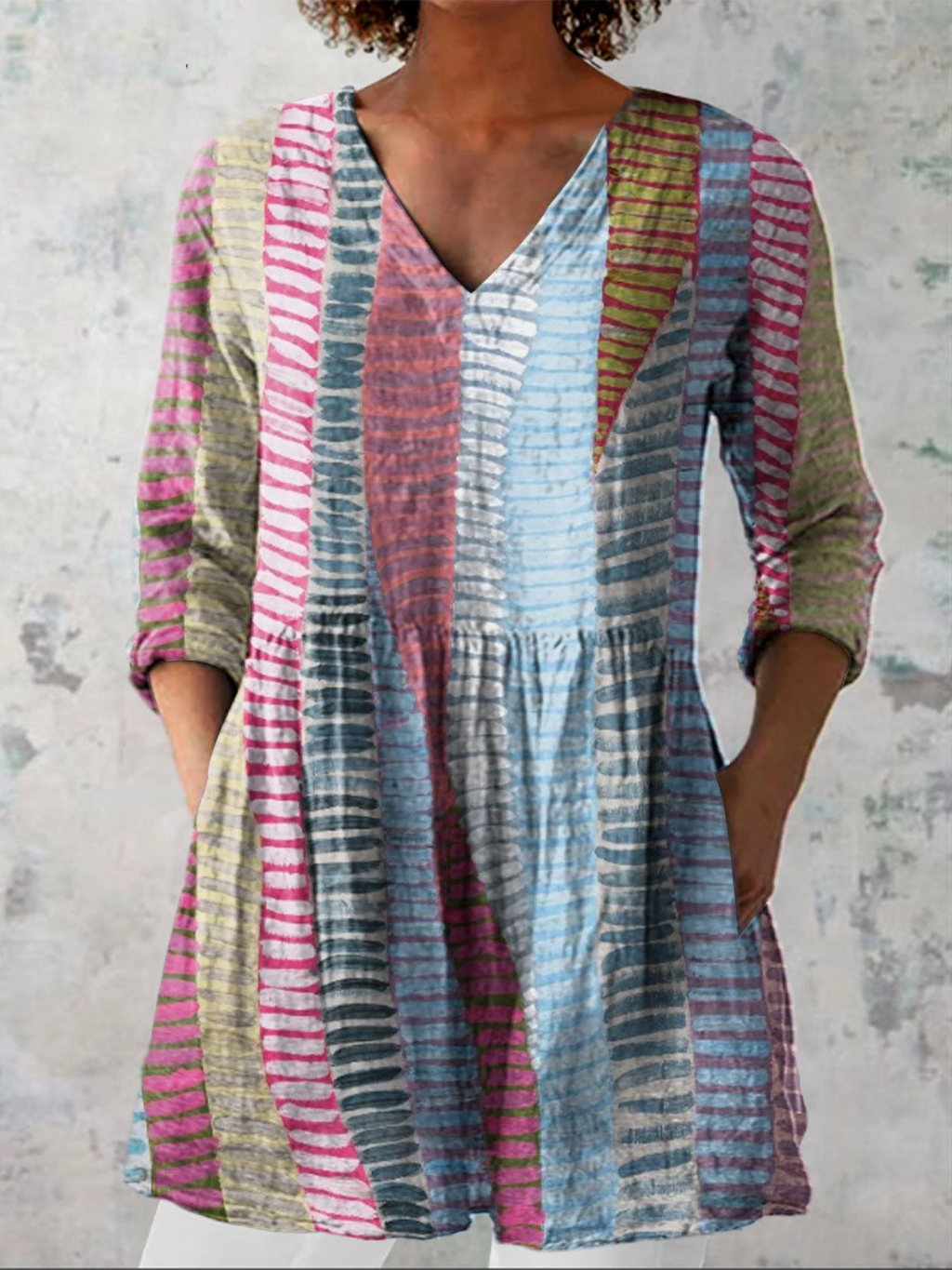 Multicolour striped long V-neck blouse with gathered peplum hem and long sleeves