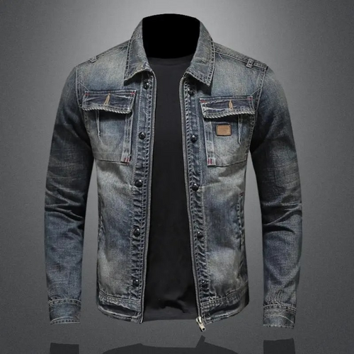 Andreas™ classic denim jacket, medium wash with button flap chest pockets and zip front