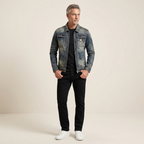 Men's dark blue denim jacket with button front and two chest pockets