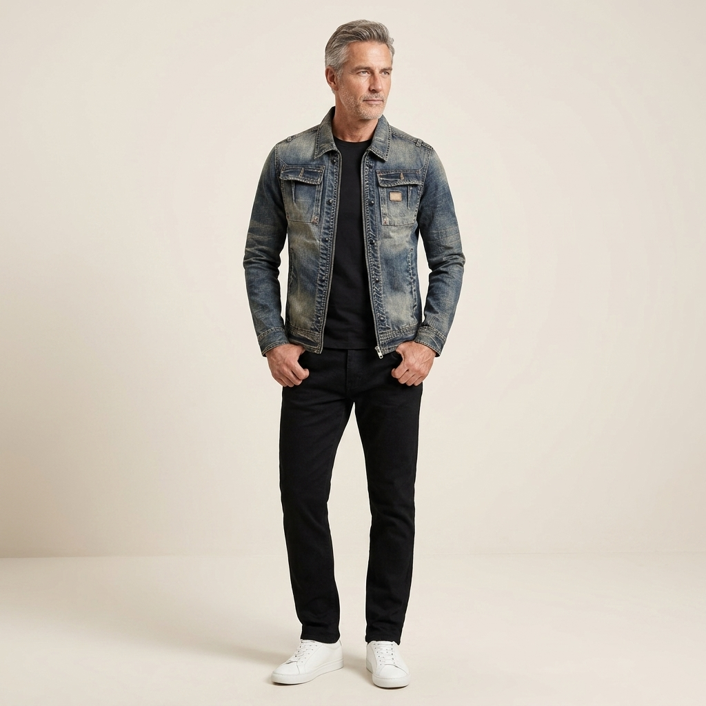 Men's dark blue denim jacket with button front and two chest pockets