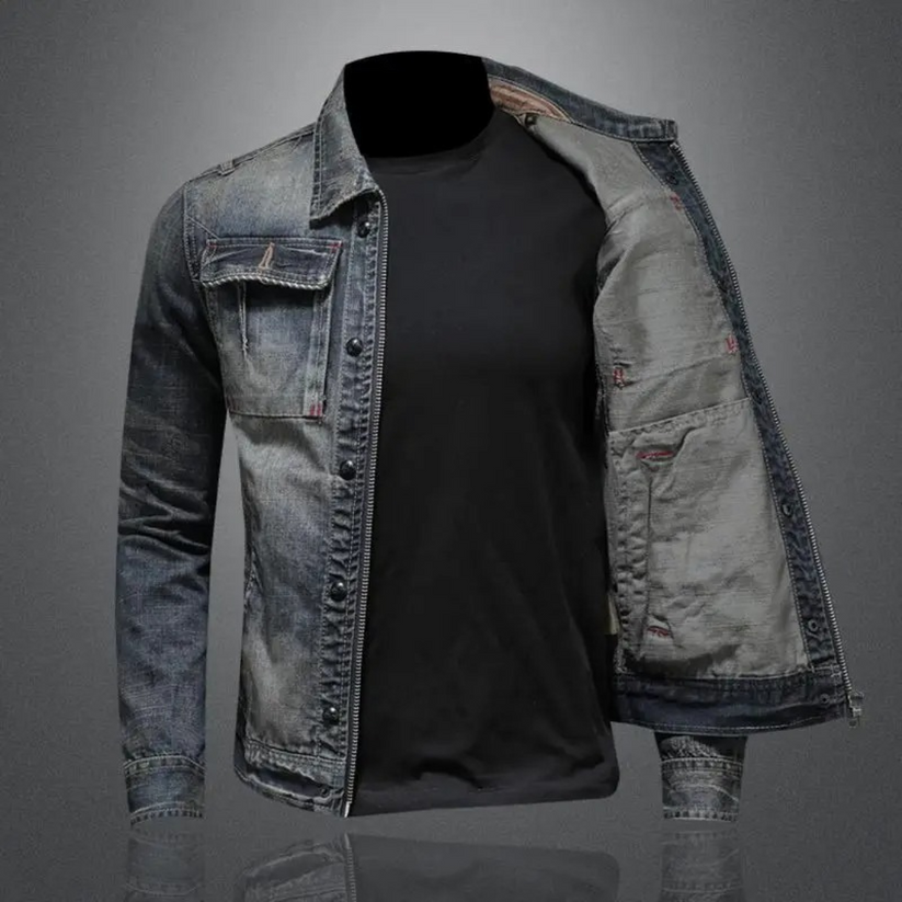 Andreas™ classic denim jacket, medium wash; open front with dark T-shirt and chest pockets