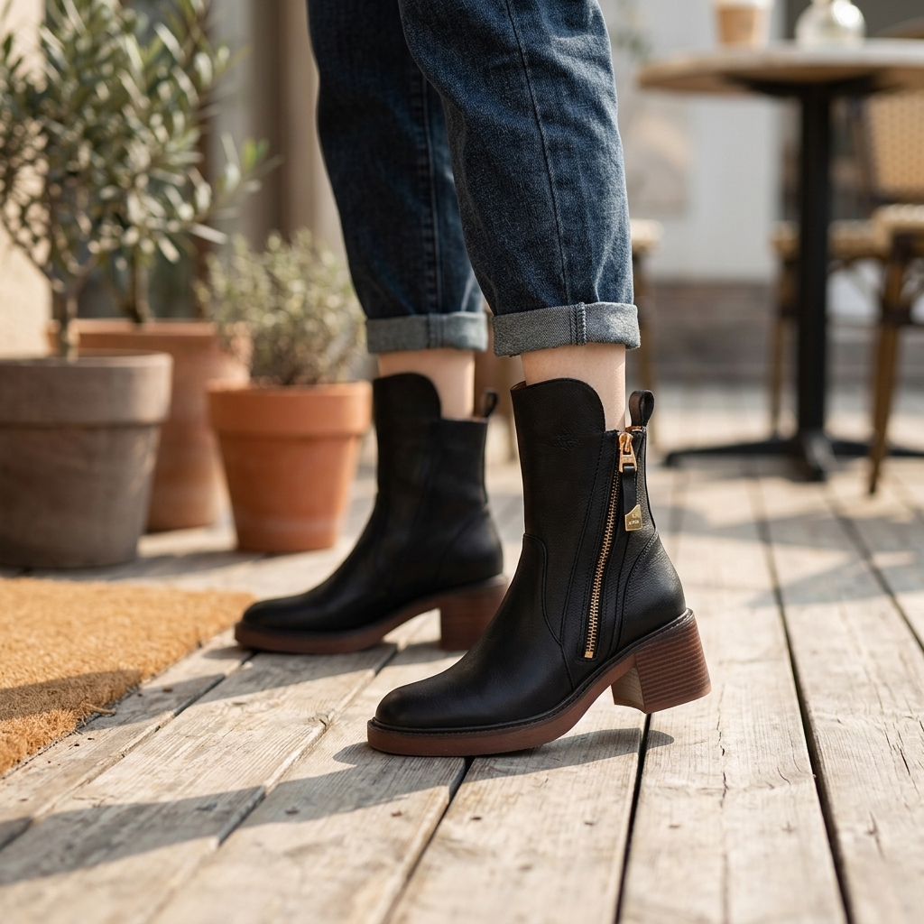 Black ankle boots on feet, side zipper and block heel, rounded toe, smooth upper