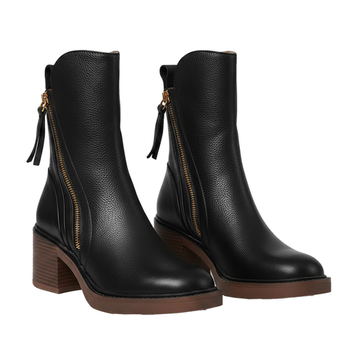 Black women's ankle boots, side zipper, block heel, rounded toe, smooth upper