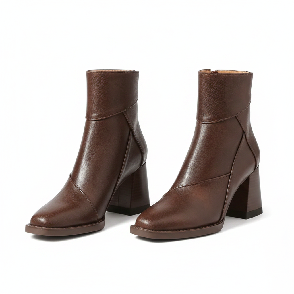 Brown ankle boots with block heels, side seam panels, and cuff opening