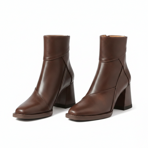 Brown ankle boots with block heels, side seam panels, and cuff opening