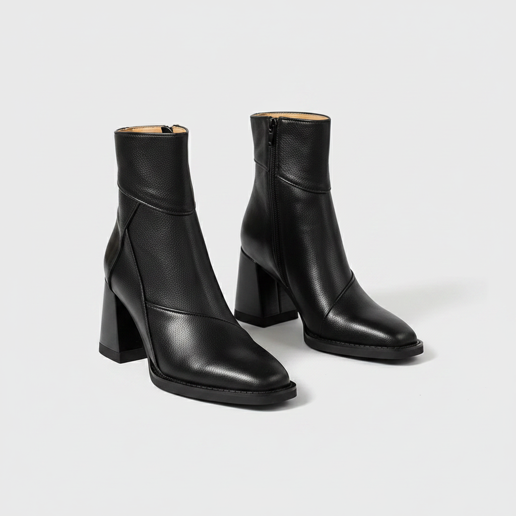 Black ankle boots with block heels, smooth finish, and wide cuff tops