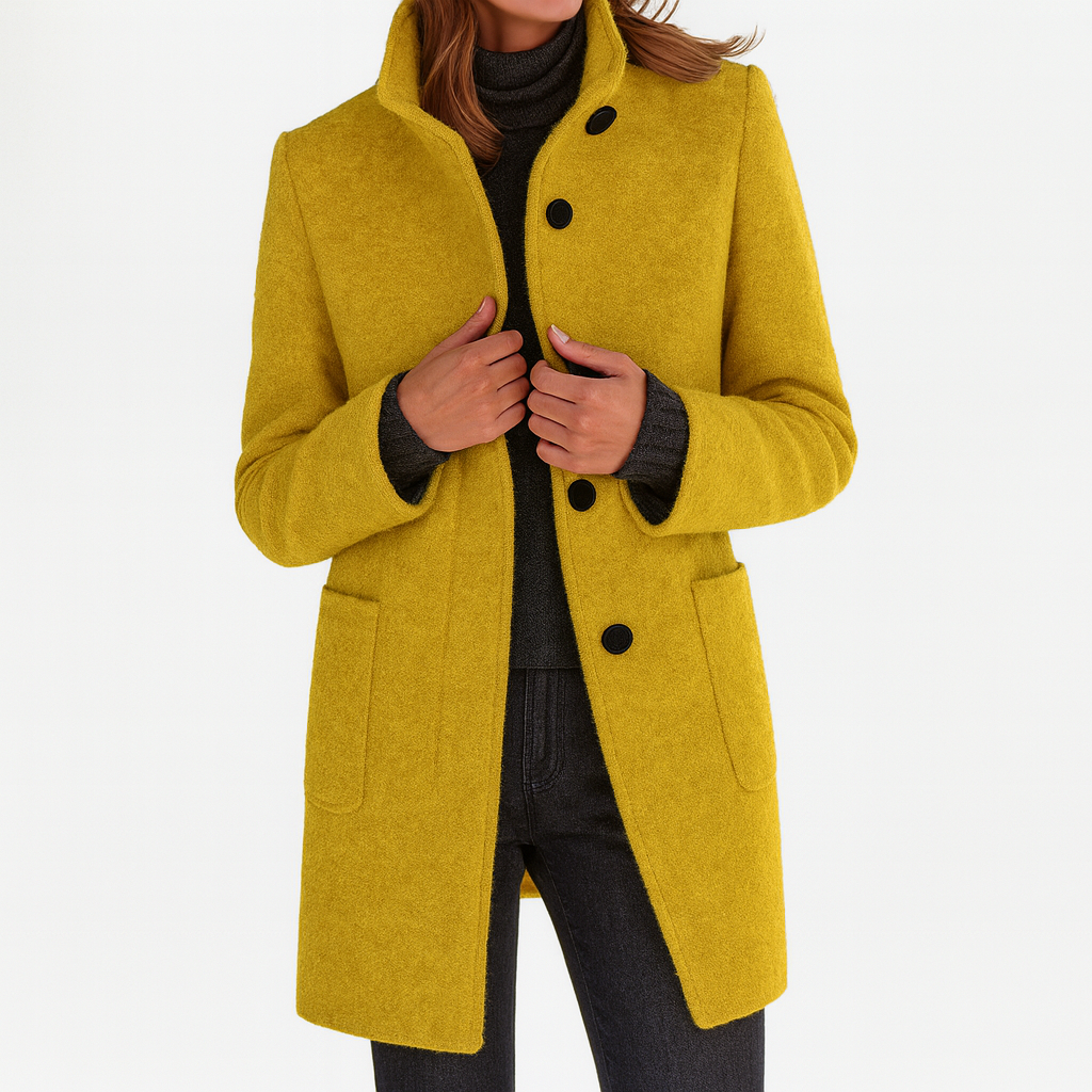 Women's mustard yellow winter coat with high collar, button front, and side pockets