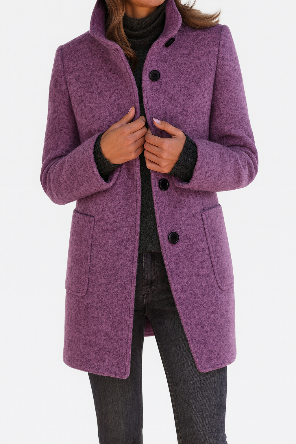 Purple winter coat with high collar, button front, and flap pockets on the sides