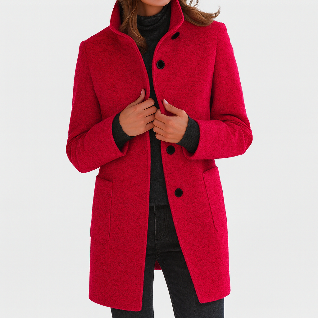Red winter coat with high collar, button front, and flap pockets at the sides