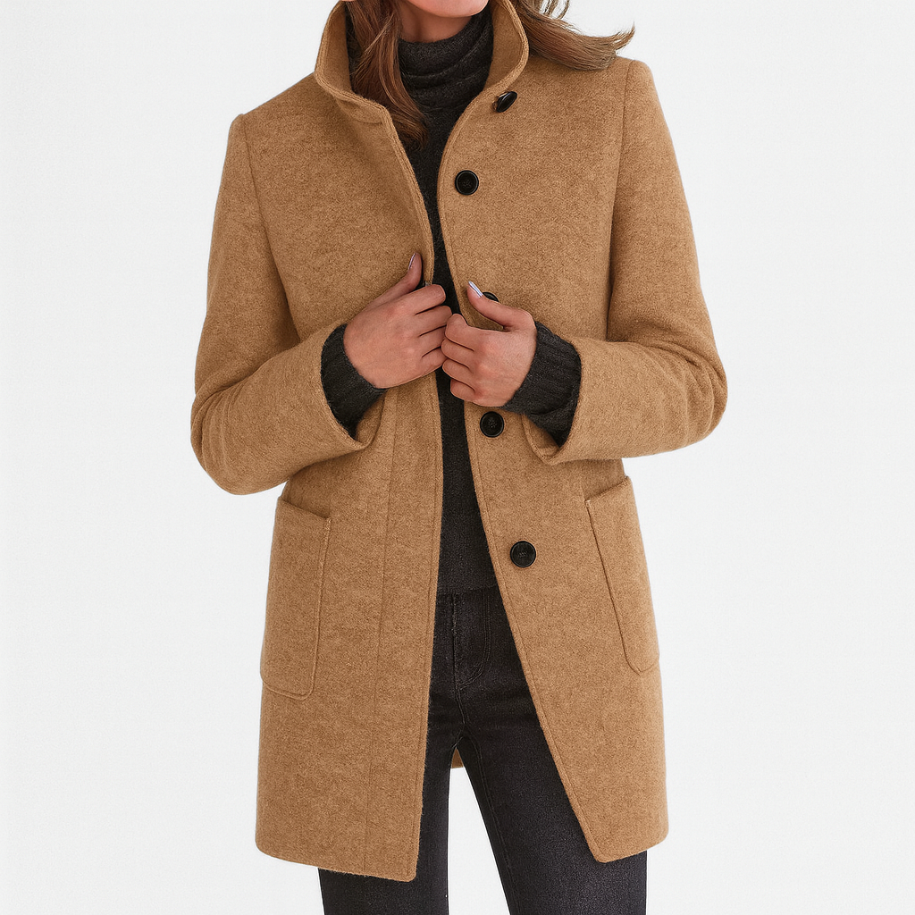 Khaki winter coat with high collar, button front, and flap pockets on the sides