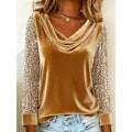 Gold shimmer-sleeve draped cowl neck top with velvet-like sheen