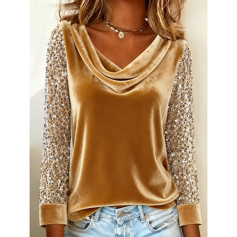 Gold shimmer-sleeve draped cowl neck top with velvet-like sheen
