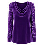 Purple draped cowl-neck long-sleeve top with sequin shimmer sleeve detail