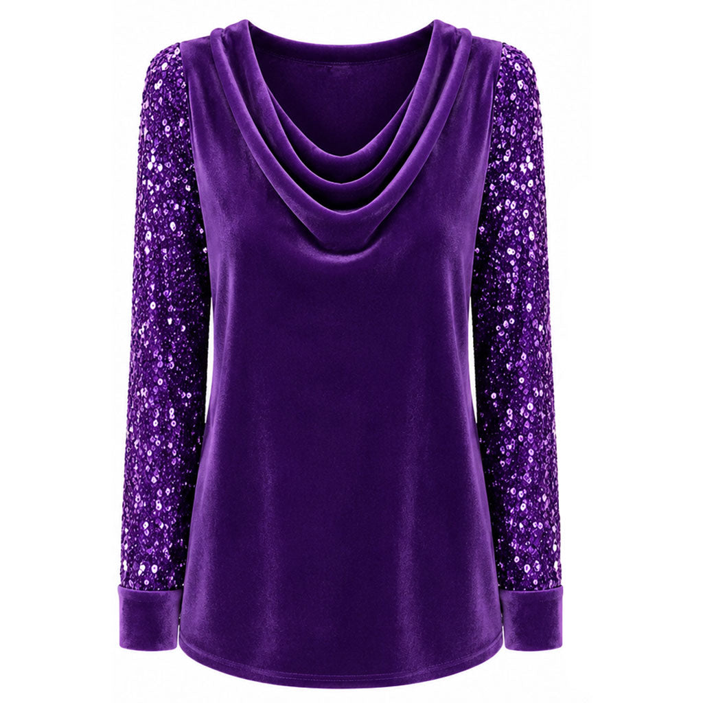 Purple draped cowl-neck long-sleeve top with sequin shimmer sleeve detail