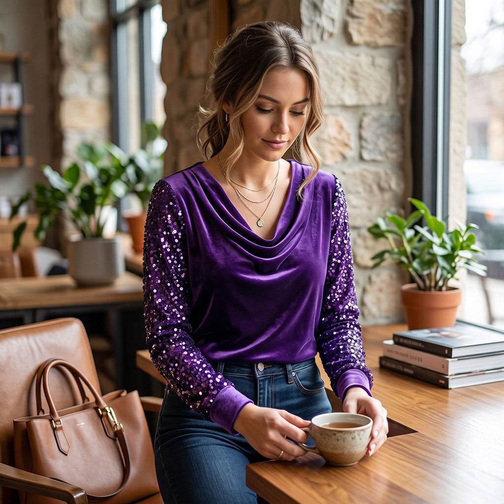 Purple cowl-neck long-sleeve top with draped neckline and sequin shimmer sleeves