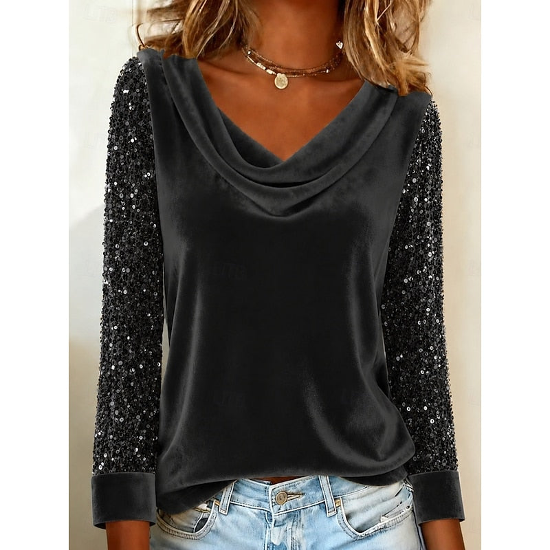 Black shimmer-sleeve draped cowl neck top with velvet-like sheen