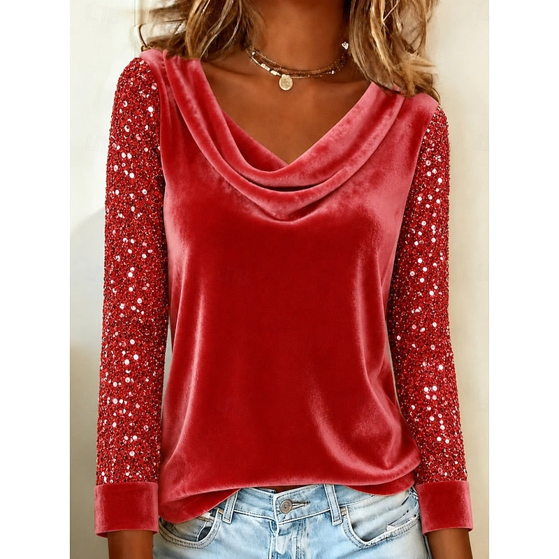 Red shimmer-sleeve draped cowl neck top with velvet-like sheen