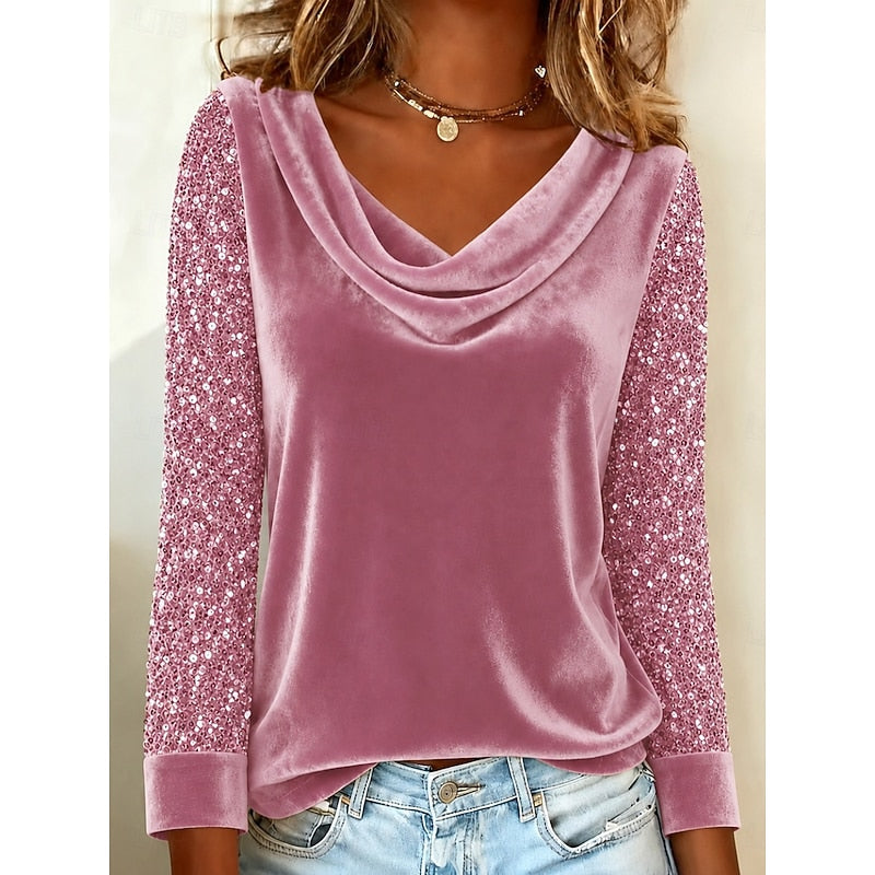 Pink shimmer-sleeve draped cowl neck top with velvet-like sheen