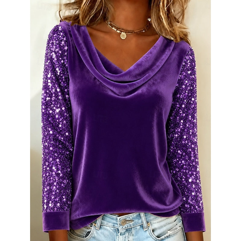 Purple shimmer-sleeve draped cowl neck top with velvet-like sheen