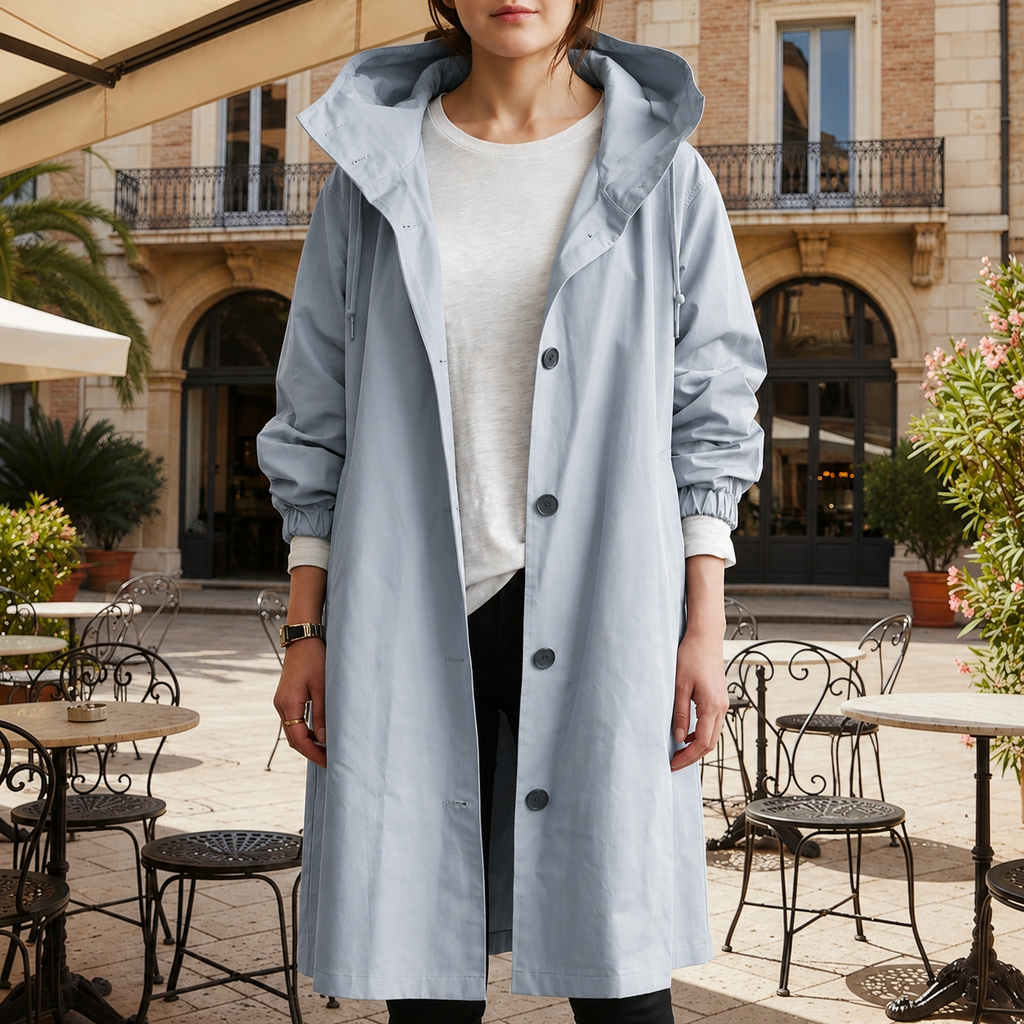 Women’s hooded waterproof trench coat, light blue, long double-breasted button front