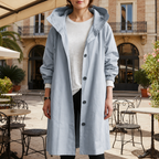 Women’s hooded waterproof trench coat, light blue, long double-breasted button front