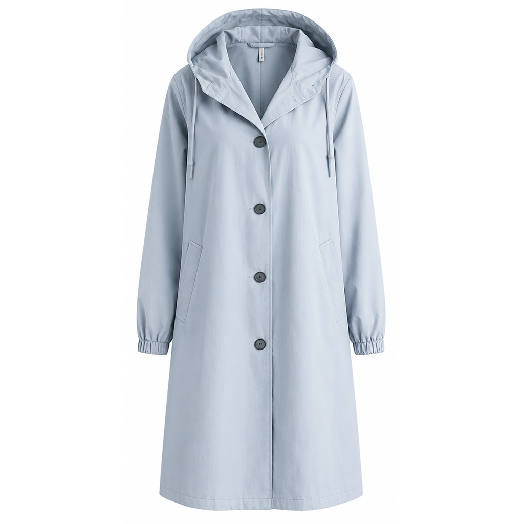 Women’s hooded waterproof trench coat, light blue, long double-breasted button front