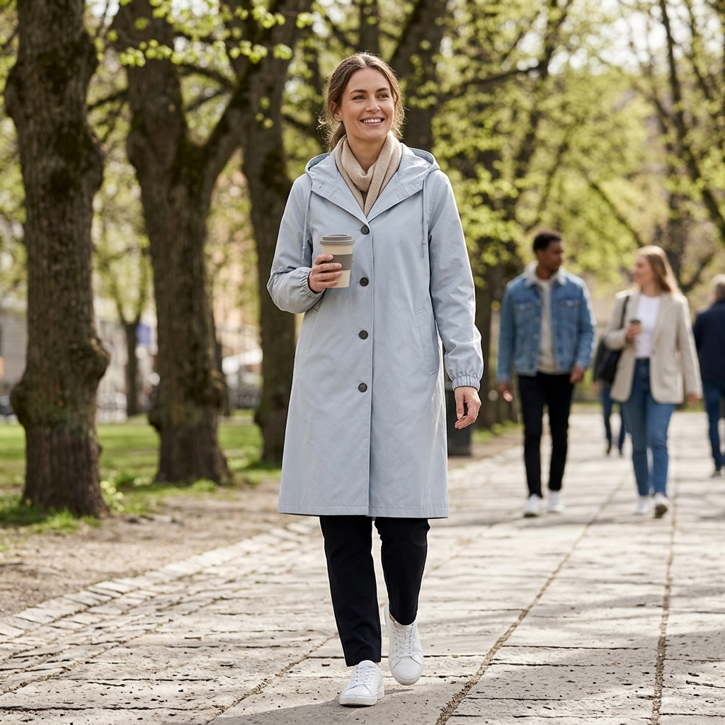 Women’s hooded waterproof trench coat, light silver-blue with button front