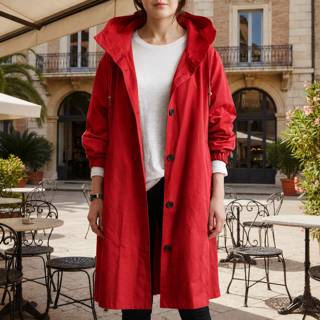 Women’s hooded waterproof trench coat, crimson red, long double-breasted button front