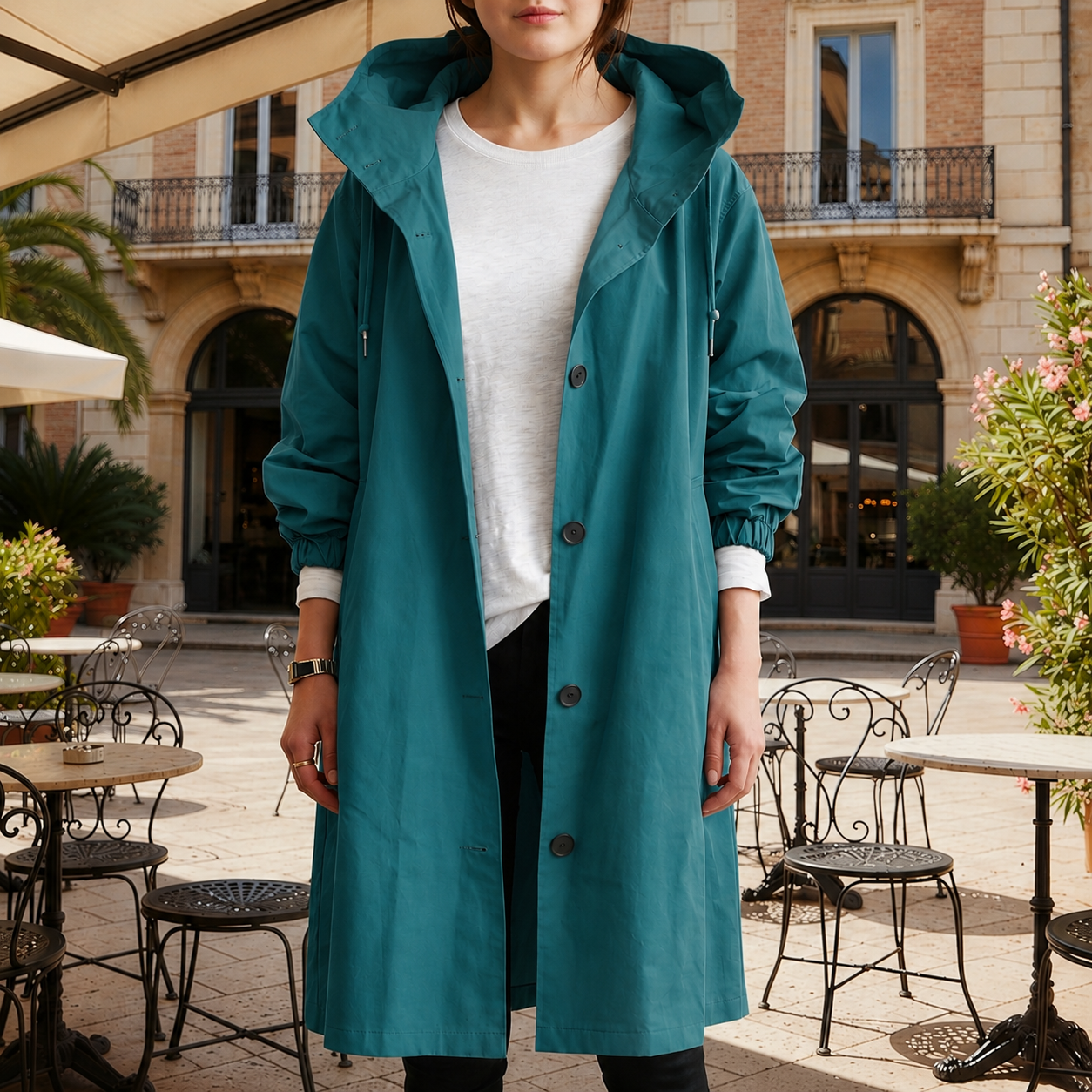 Women’s hooded waterproof trench coat, ocean teal, long double-breasted button front