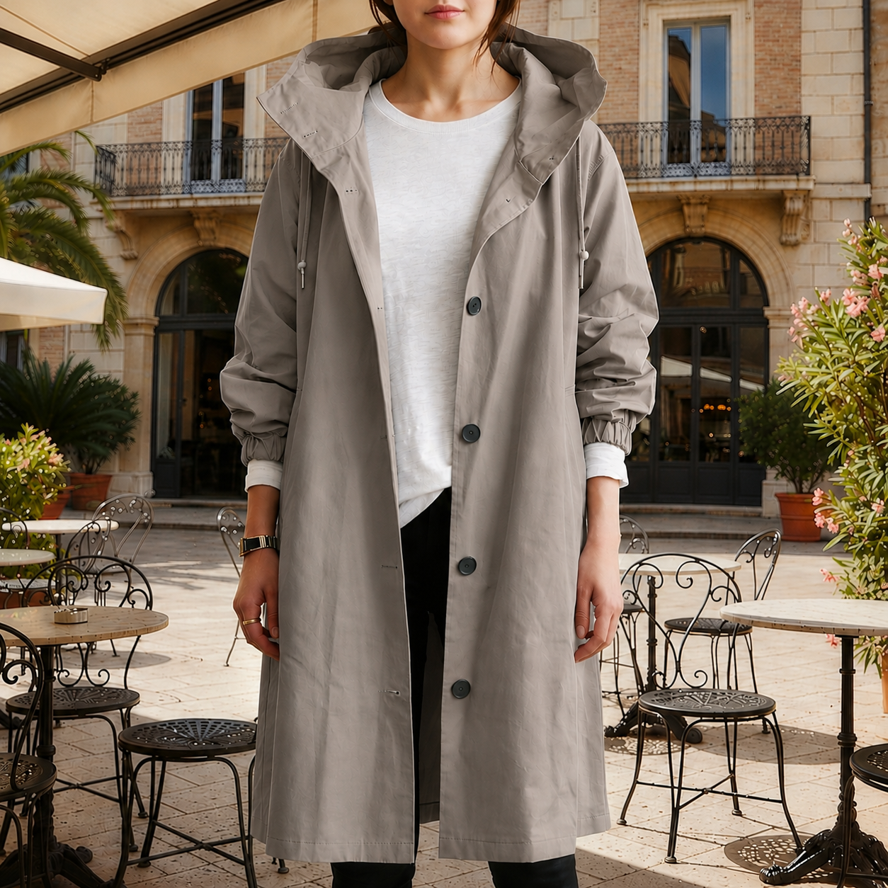 Women’s hooded waterproof trench coat, stone taupe gray, long double-breasted button front