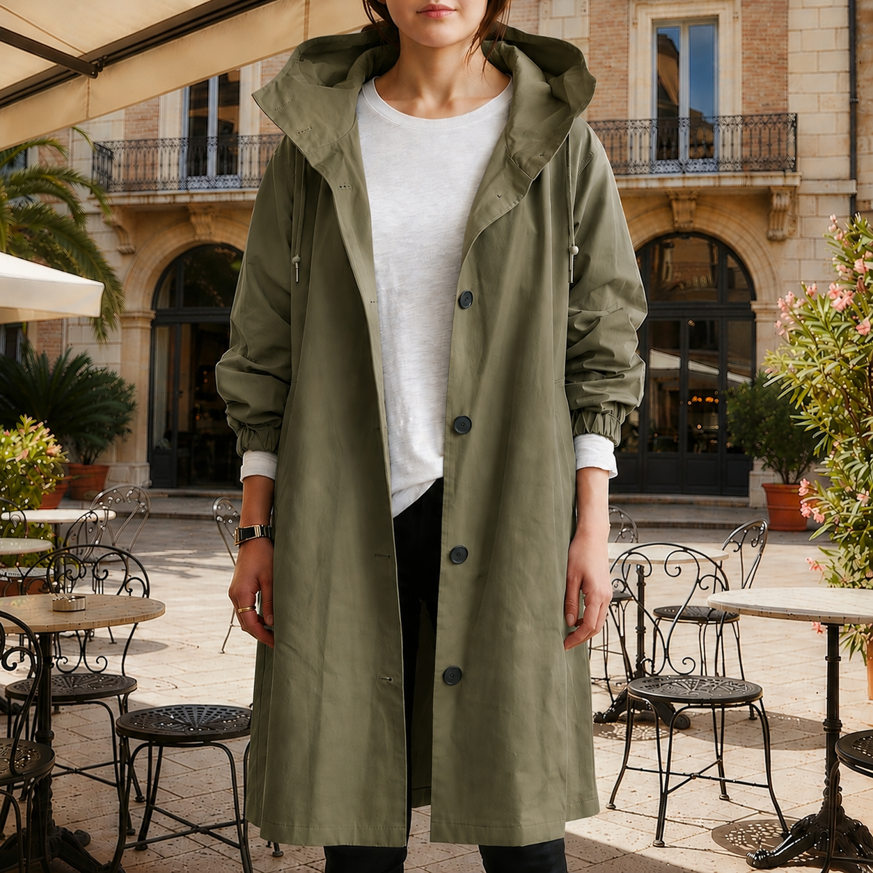Women’s hooded waterproof trench coat, olive green, long double-breasted button front