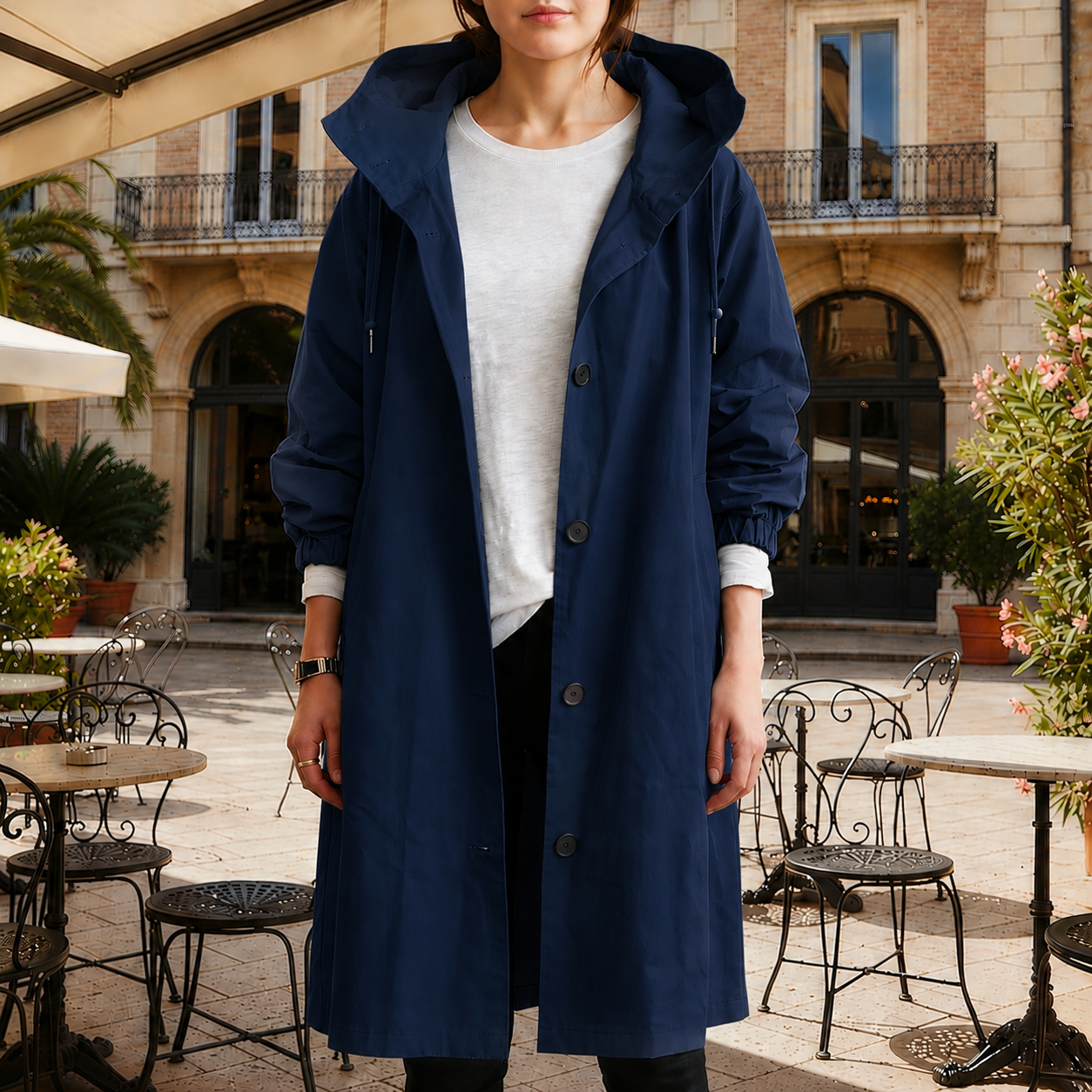 Women’s hooded waterproof trench coat, midnight navy, long double-breasted button front