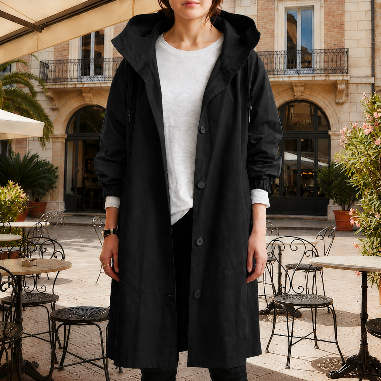 Women’s hooded waterproof trench coat, classic black, long double-breasted button front
