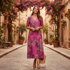 Women's floral V-neck midi dress in purple pink, short sleeves, tassel tie, midi length