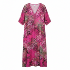 Women's floral V-neck midi dress in pink, half sleeves, button-front, tassel tie