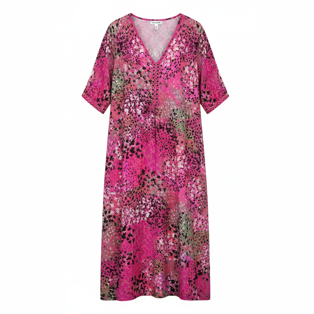 Women's floral V-neck midi dress in pink, half sleeves, button-front, tassel tie