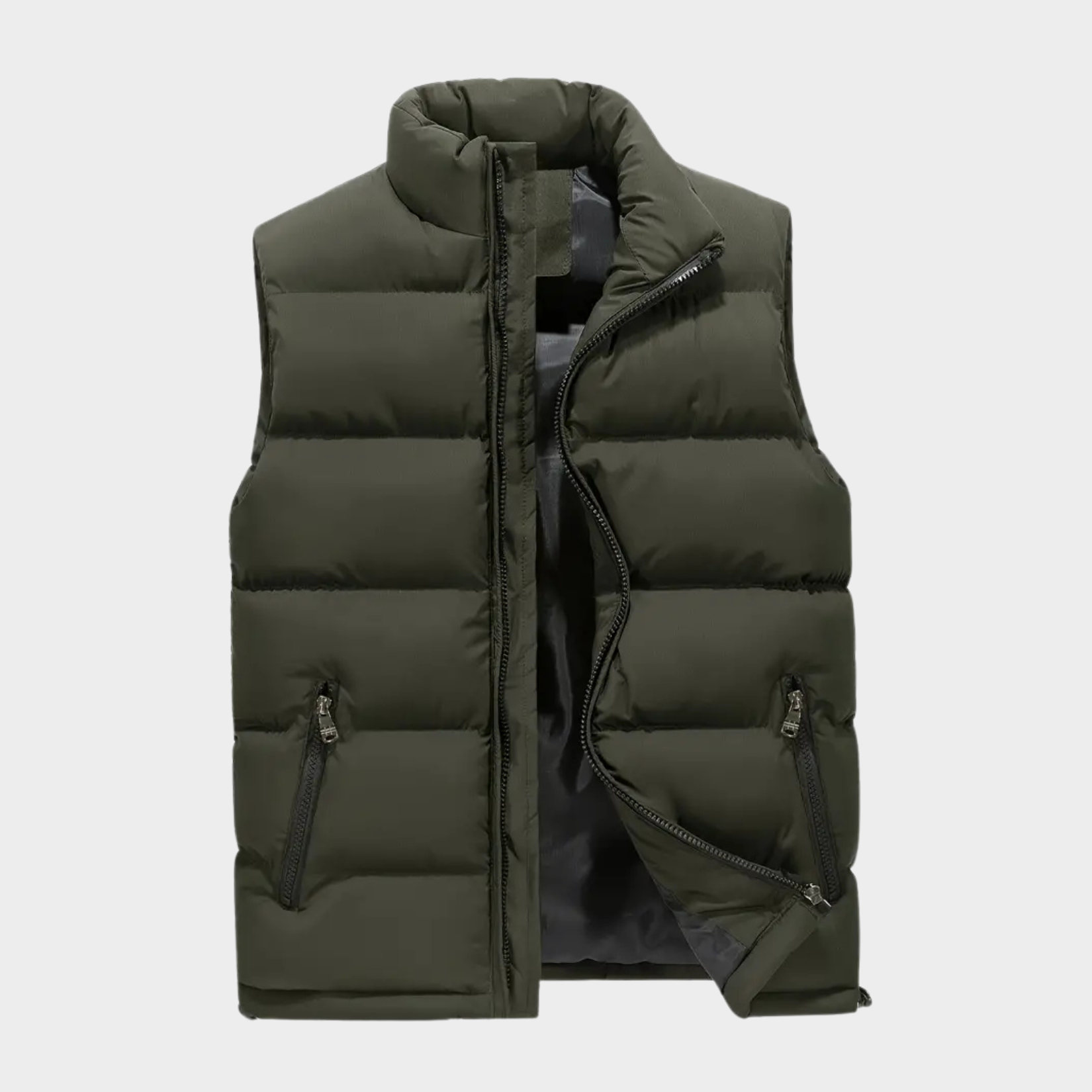 Men's quilted insulated body warmer vest in army green with zip pockets