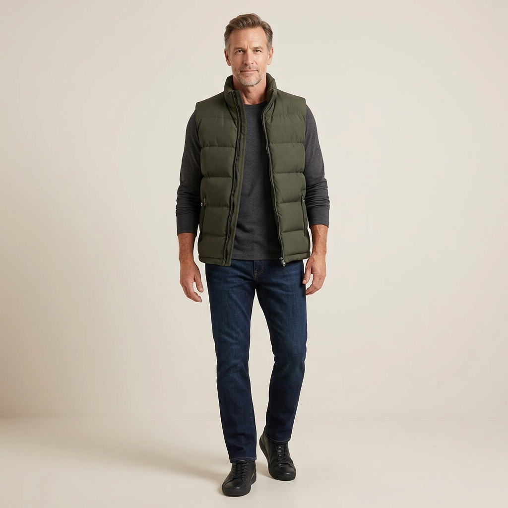 Men's quilted insulated bodywarmer vest, army green, stand collar, zip pockets