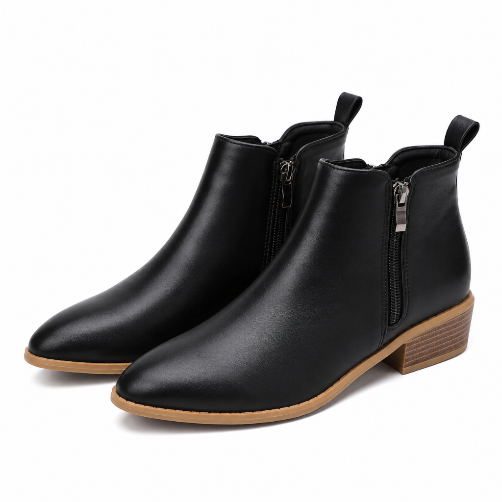 Women's black side-zip ankle boots with block heel and easy pull tabs