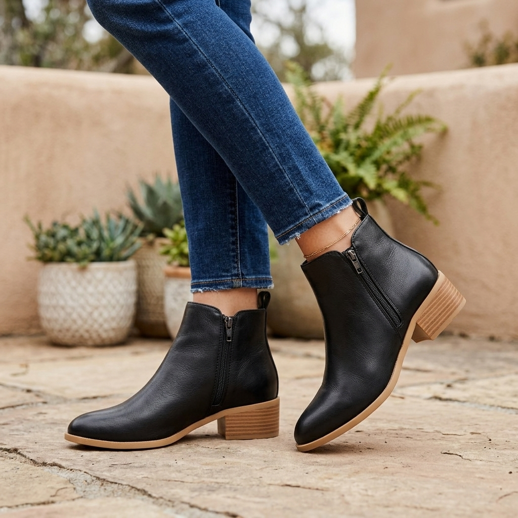 Women's black side-zip ankle boots with cushioned sole and block heel