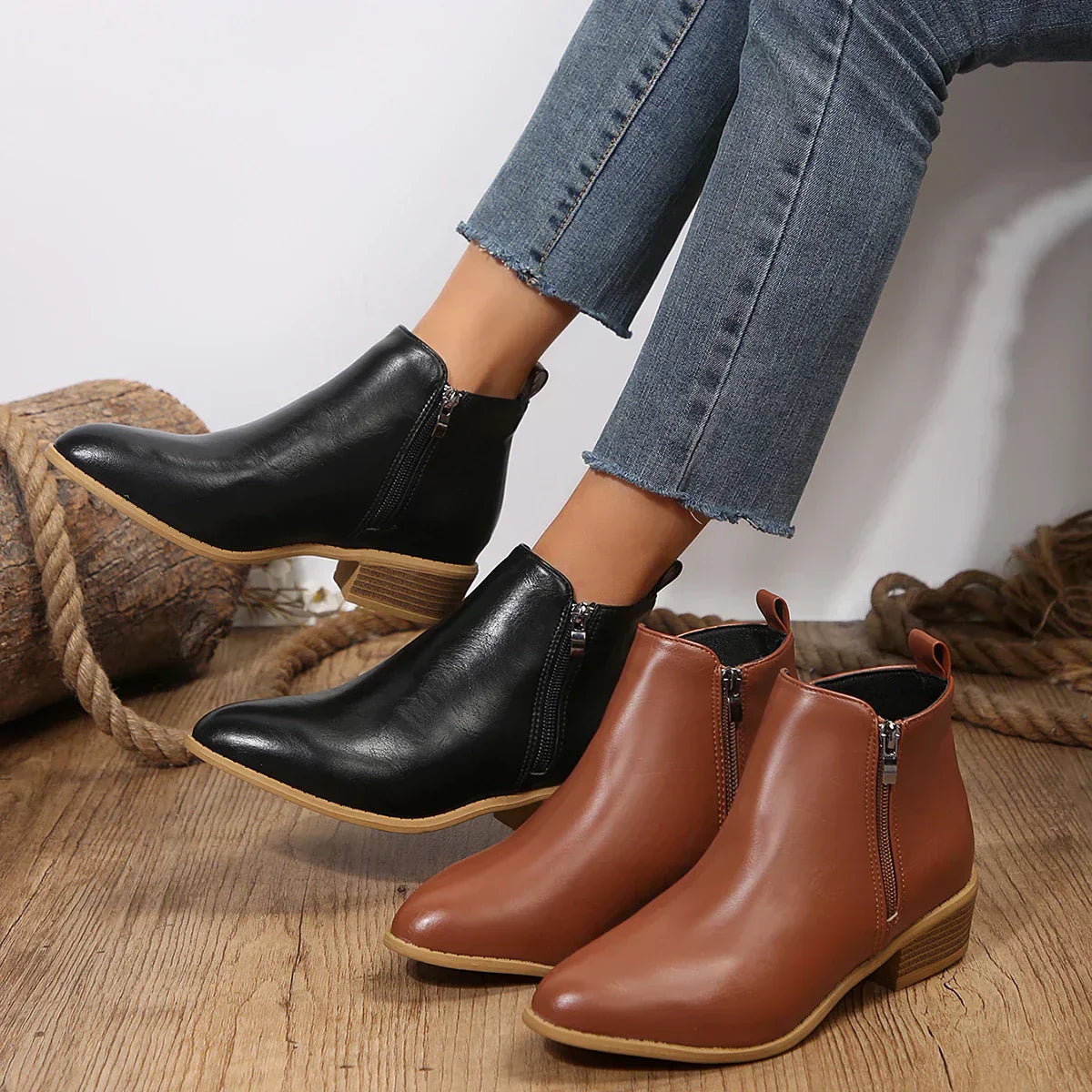 Women’s ankle boots set: black and brown side-zip styles with low block heels