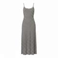 Black-and-white striped fitted midi dress with thin spaghetti straps.