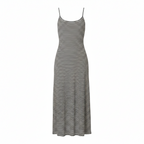 Black-and-white striped fitted midi dress with thin spaghetti straps.