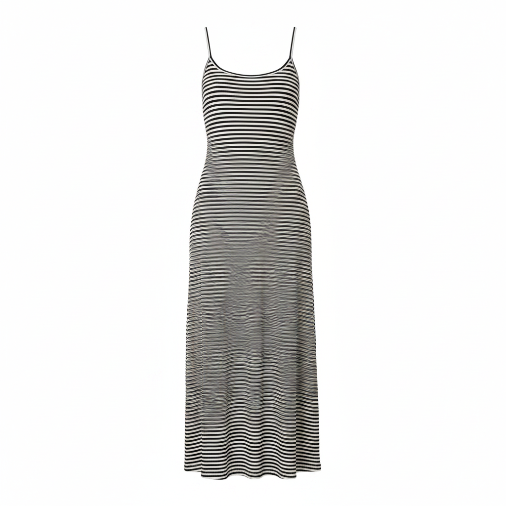 Black-and-white striped fitted midi dress with thin spaghetti straps.