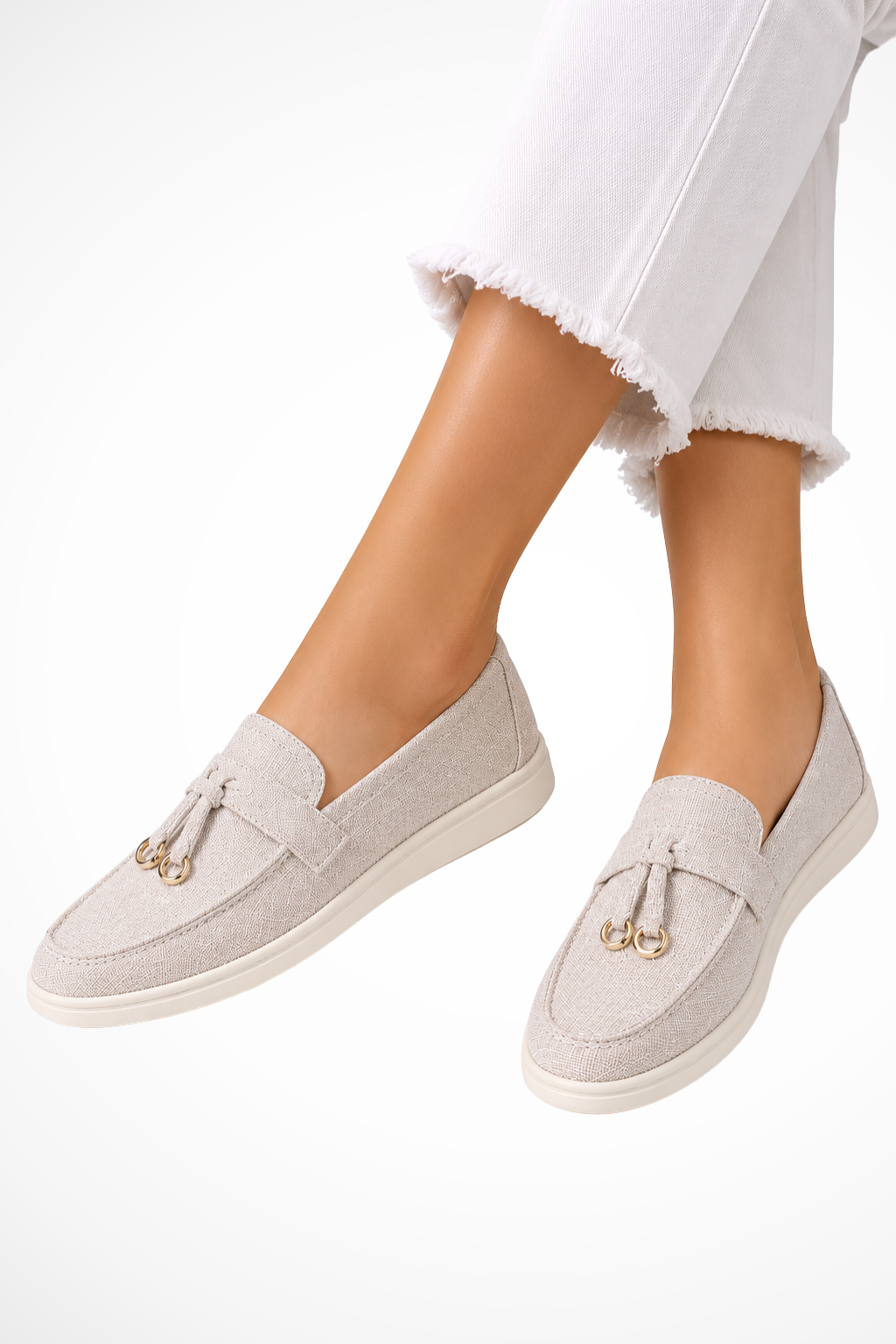 Women’s suede loafers, beige structured slip-on with gold-bit detail and low cushioned sole
