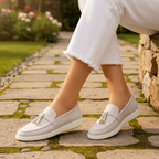 Women’s suede loafers, light taupe structured slip-on with gold-bit detail and low sole