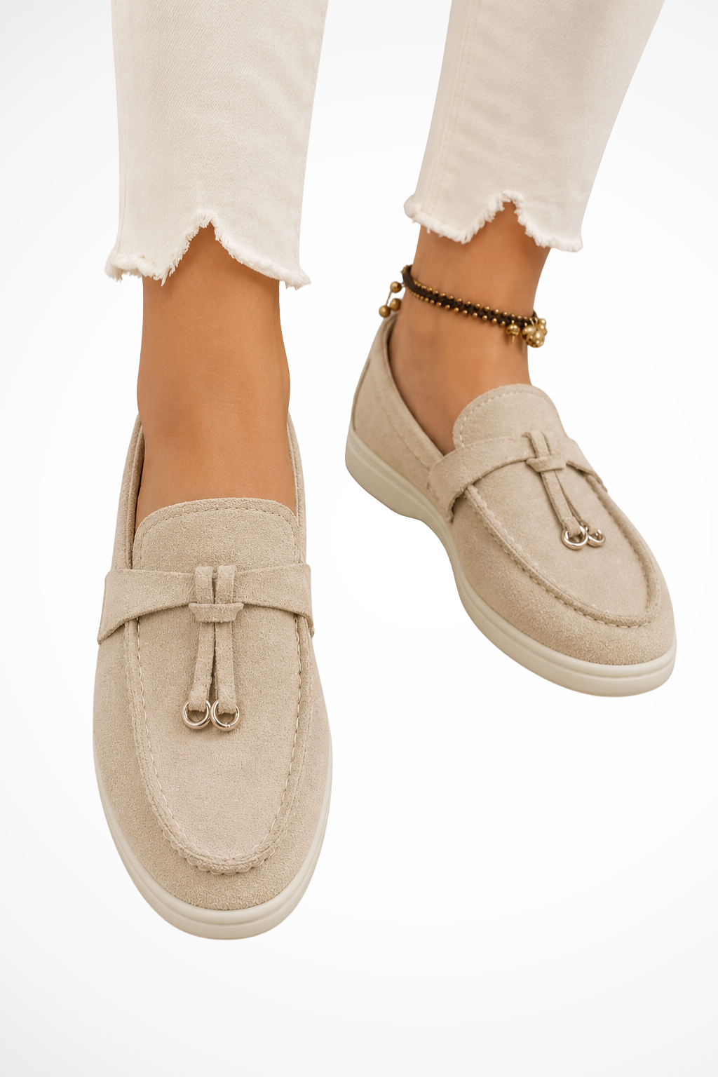 Khaki suede slip-on loafers with front strap and gold bit detail